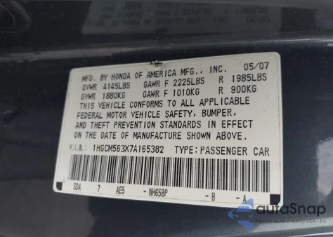 2007 Honda Accord 2.4 Se from USA, damaged, VIN 1HGCM563X7A165382